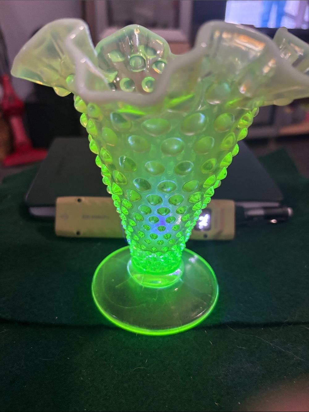 Vintage Fenton Topaz Hobnail Ruffled Uranium Glass Vase - Glowing Green